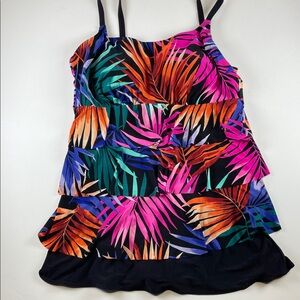 Hot Tropics One Piece Tummy Control Tropical Palm Swim Suit Size 14 Black